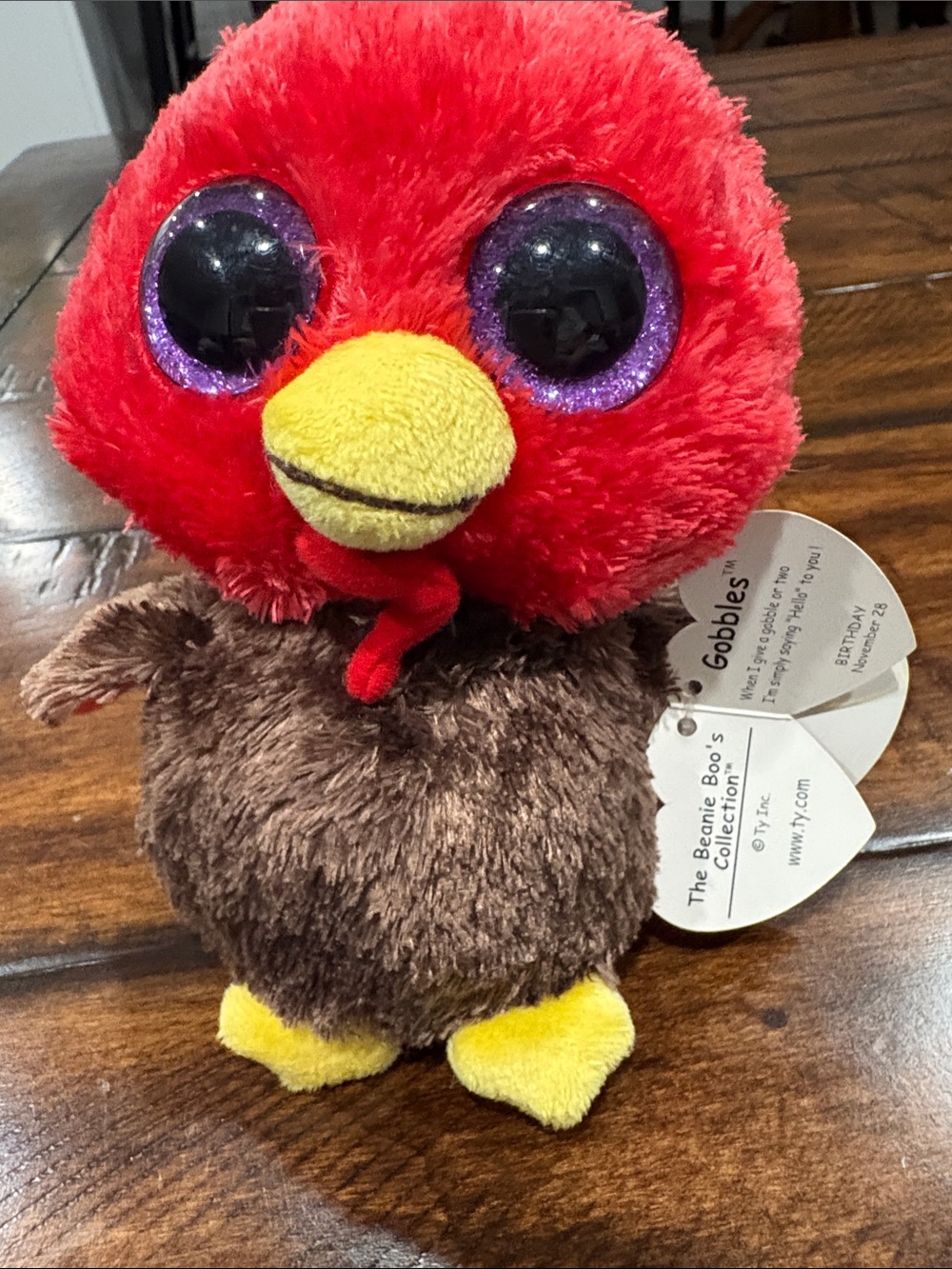 Ty Beanie Boo Gobbles Red & Brown Plush Turkey with Purple Sparkle Eyes